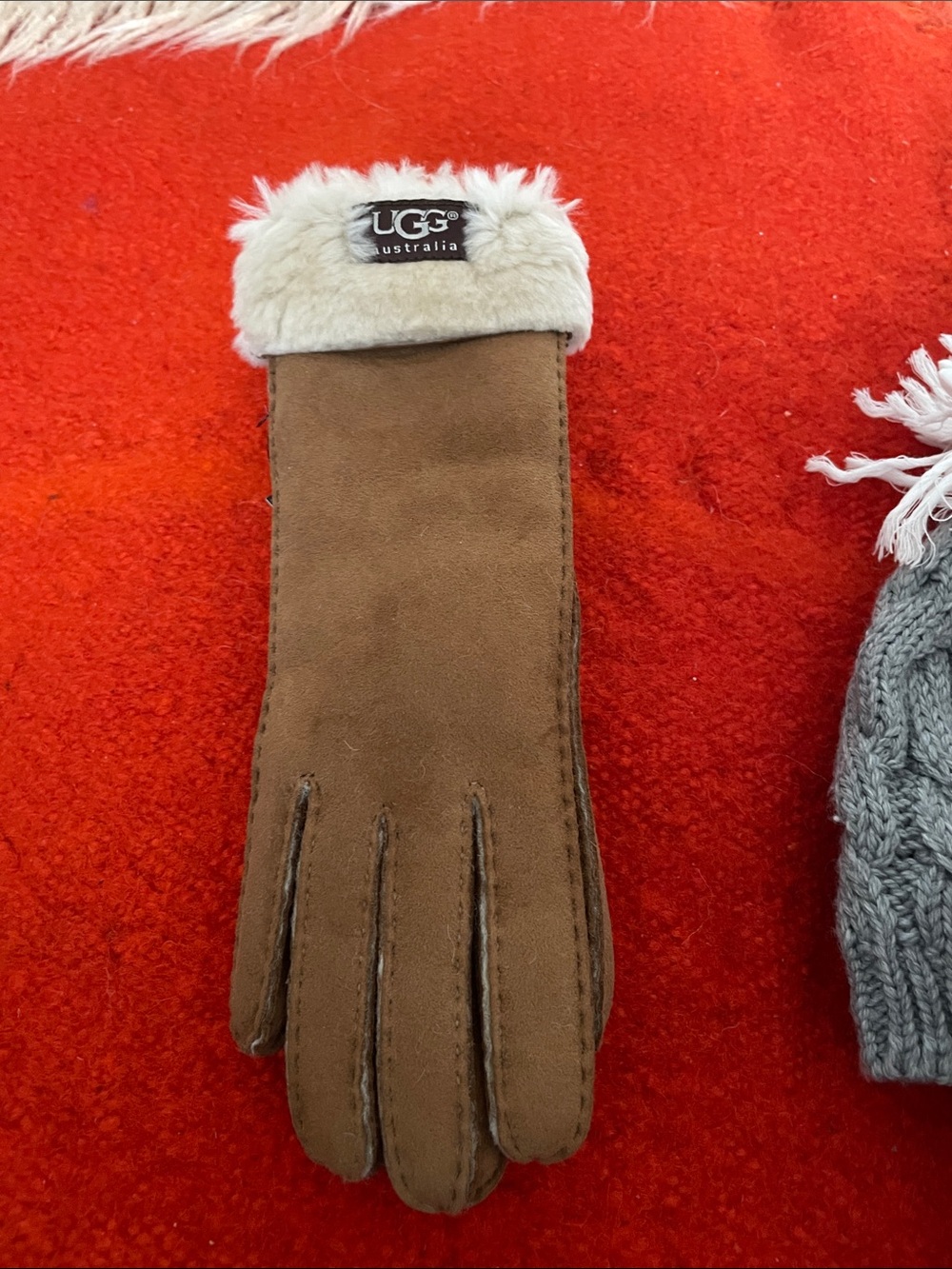 UGG Brown Suede Shearling-Trim Gloves with Cream Cuff Size Small